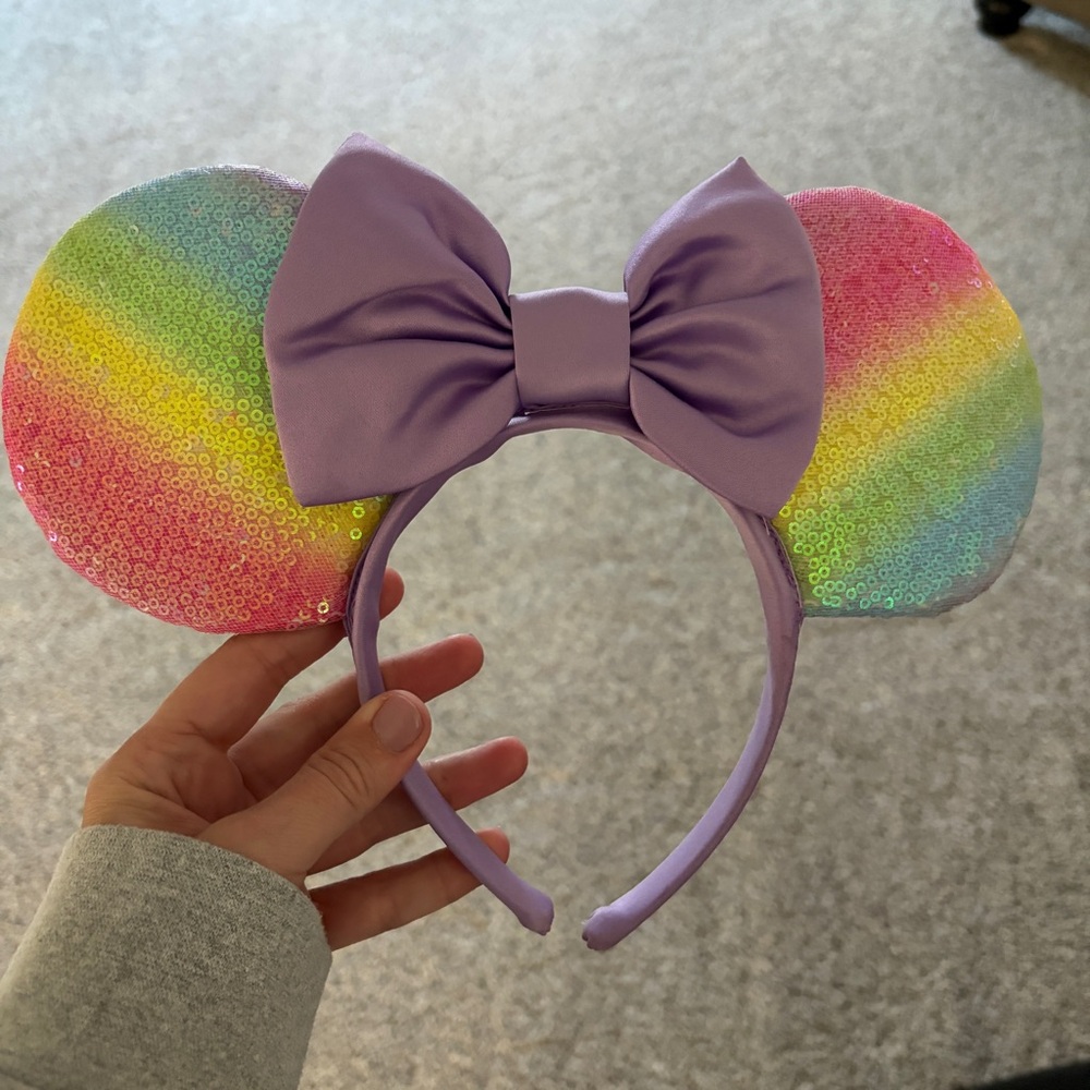 Disney Minnie Ears Rainbow Sequin Headband Purple Bow
